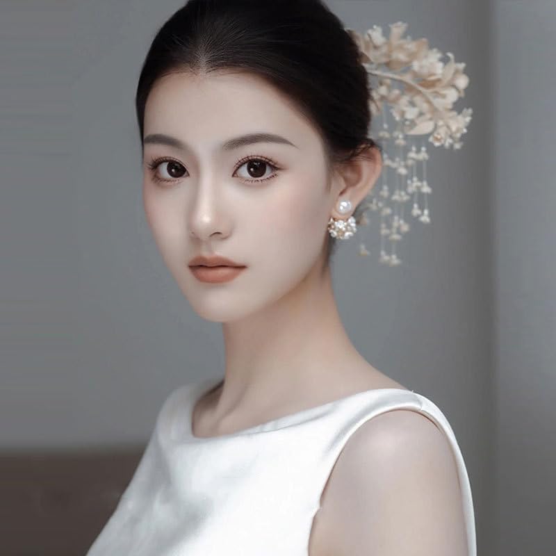 Flower Tassel Wedding Hair Clips Silver Pearl Hair Pieces Headpiece Hair Barrette Hair Pins Floral Bridal Hair Accessories for Women and Girls (White)