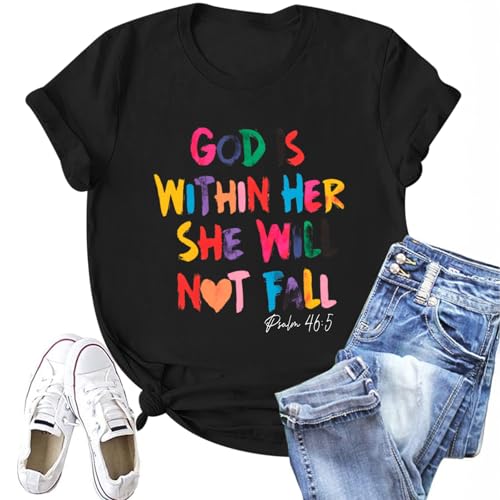 Christian Shirts for Women Jesus God is Within Her Tshirt Faith Inspirational Bible Verse Religious Graphic Tee Tops