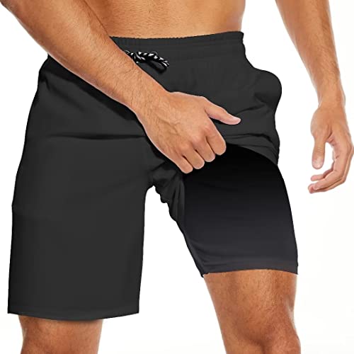 Black Mens Swim Trunks with Compression Liner Men Swimming Trunks Board Shorts Swimwear 7 Inch Inseam