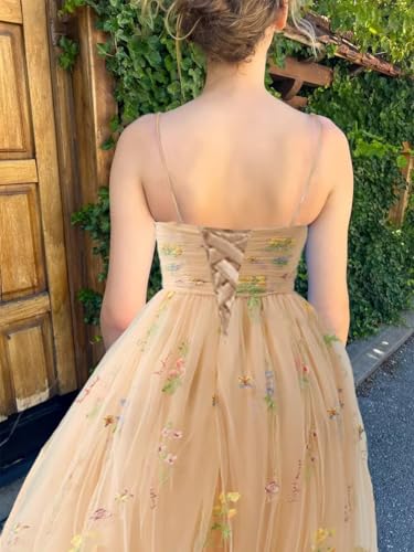 Flower Embroidery Prom Dresses Tulle Ball Gown Spaghetti Straps Tea Length Formal Party Dress with Pockets2
