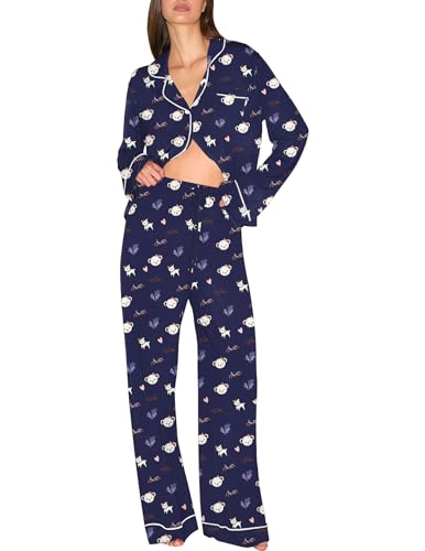 Ekouaer Pyjama Femme Hiver Coton Ensembles de Pyjama 2 Pièces Femmes Chauds Manches Longues Vêtements de Nuit Pantalon Ours en Peluche Bleu Marine L