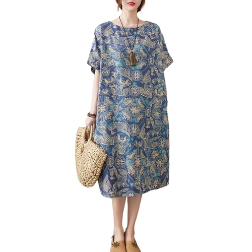 Image of LUZU JUNU Women's Summer Baggy Plus Size Loose Cotton Linen Long Boho Beach Dress with Pockets