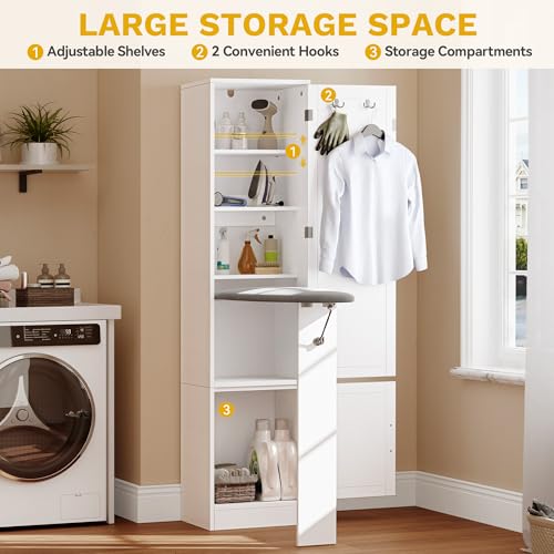 DWVO Storage Cabinet with Ironing Board, Flip-top Ironing Board Cabinet with Storage, Adjustable Shelves, Ironing Supplies Organizer for Laundry, Bedroom