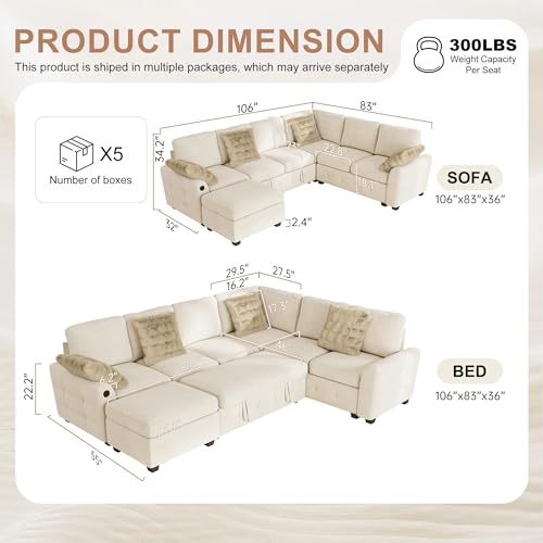 Image of Hanherry Sectional Couch with Pull Out Sofa Bed,Chenille Sleeper Sofa with Storage Ottoman & USB Charging,Comfy L Shaped Modular Couches for Living Room,Apartment