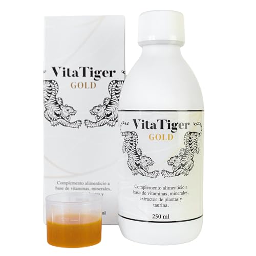 VitaTiger Gold - Multivitamínico Líquido con Ginseng, Cordyceps, Taurina, Vitaminas B, C, D3, E, K2, Hierro y Zinc - Energía y Bienestar Diario - 25 Dosis (250 ml con vaso dosificador)