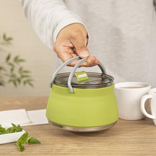 Image of Hi Tek 1 Liter Collapsible Camping Kettle, 1 Portable Cook Pot - With Perforated Lid, Stainless Steel Bottom, Silicone Camping Coffee Pot, With High Heat Nylon Handles, For Travel - Restaurantware