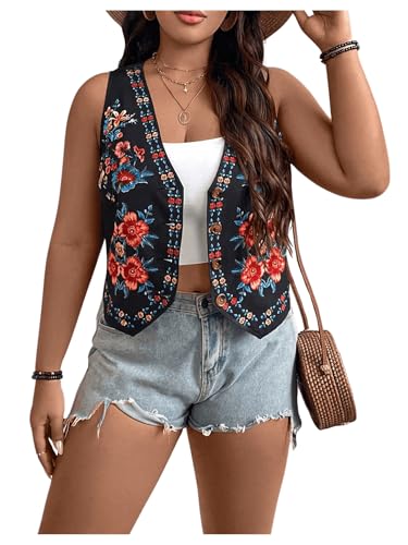 OYOANGLE Women's Plus Size Floral Embroidered Open Front Vintage Vest Sleeveless V Neck Cardigan Waistcoat