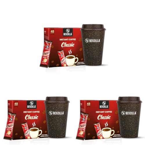 Image of Bevzilla 48 Classic Instant Coffee Sachets with Eco-Friendly Bio-Composite Tumbler | Bamboo Fiber, Coffee Husk & Rice Husk | Plastic-Free Cafe-Style Coffee Kit | Enjoy Hot & Cold (Pack of 3)