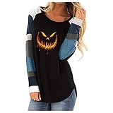 NAQUSHA Damen Halloween Langarm Sweatshirts Herbst Freizeit Funny Evil Fierce Pumpkin Smiley Drucken Kollision Streifen Ärmel T-Shirt Rundhals Tops Party Oberteile Pullover(Black,Large)