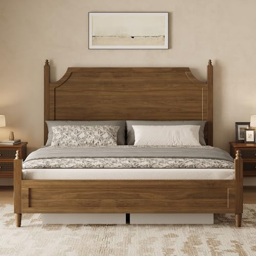 Belffin Wood King Size Bed Frame with Curved Headboard, Vintage Platform Bed, Traditional Four Poster Bed with 12 Solid Wooden Slats Support, Noise Free, No Box Spring Needed, Easy Assembly,