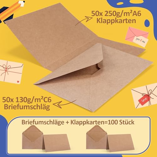 moinkerin 50x Klappkarten blanko mit Umschlägen (250g/m² A6) + 50x C6-Briefumschläge | Kraftpapier Umschlag Set für Hochzeitskarten, DIY Einladungen, Geburtstag & Weihnachtsgrüß （ Braun）