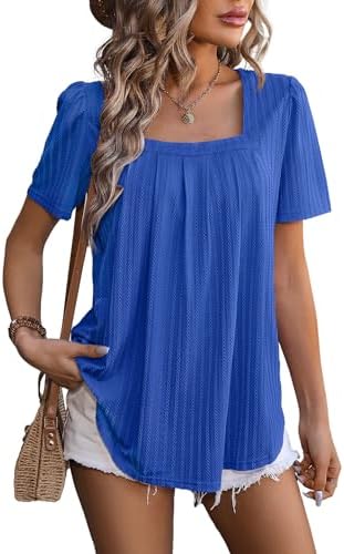 Misyula Womens Summer Tops Square Neck Puff Short Sleeve Shirts Pleated Tunic Casual Work Blouses S-XXL