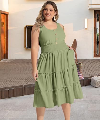 Image of RITERA Plus Size Summer Casual Dresses for Women Sleeveless Button Down Empire Waist Ruffle Tiered Swing Midi Dress XL-5XL