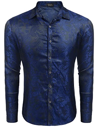 Coofandy Mens Floral Rose Printed Long Sleeve Dress Shirts Prom Wedding Party Button Down Shirts (Navy Bluex-Large) #TOP2