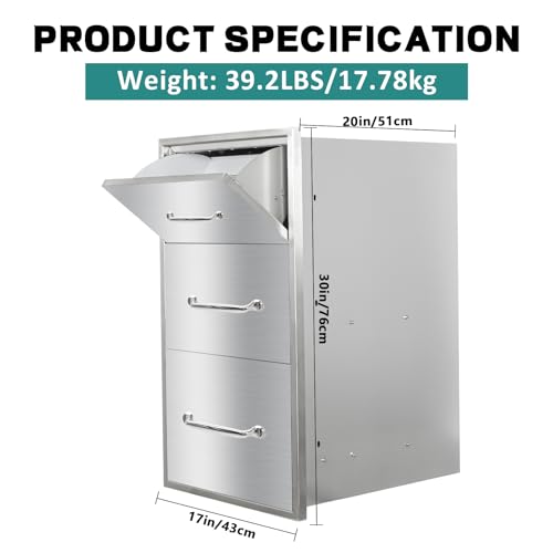 Image of Outdoor Kitchen Drawers with Paper Towel Holder 17 inch W x 30 inchH x 20 inchD Stainless Steel Paper Towel Drawer Flush Mount Access Drawers for Outdoor Kitchen Island, Patio Grill Station