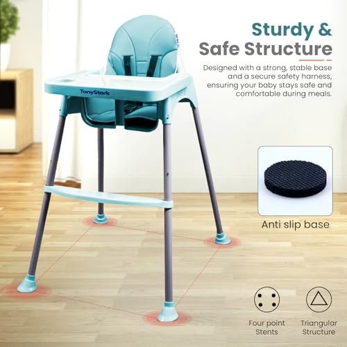Image of Tony Stark 3 in 1 Multifunctional Baby Feeding Chair & Detachable Tray |Soft Cushion Baby High Chair with Footrest | Dining Chair with Adjustable Height & Seat Belt for Kids, Toddler (Cyan Green)