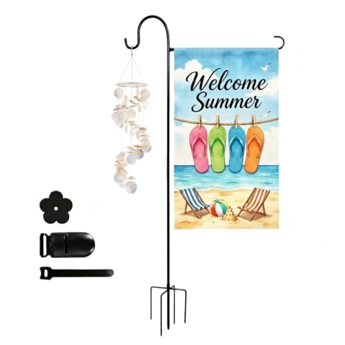 ESTTOP Heavy-Duty Garden Flag Stand with Shepherds Hook Holder Sturdy Metal Frame for 12x18 Inch Flags & String Lights Weather-Resistant Outdoor Lawn Patio Yard Decorations Only Flag Pole