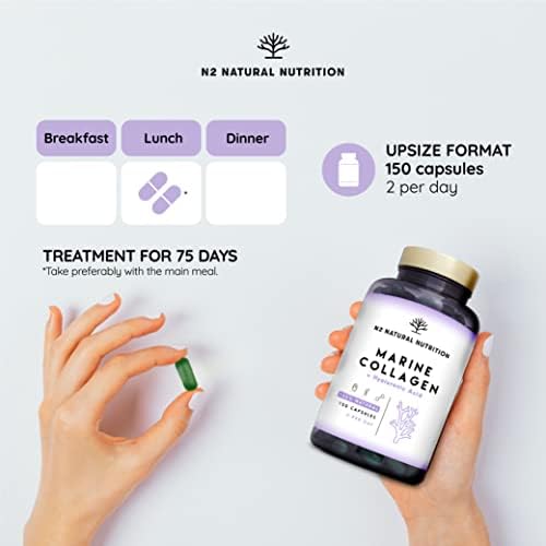 Marine Collagen & Hyaluronic Acid | 150 Caps, 75 Days | PEPTAN Collagen Supplements for Skin Care, Hair & Joints | with Magnesium, Vitamin C. Anti Aging Effect. EU. N2 Natural Nutrition