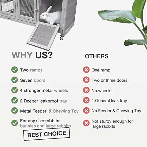 MEDEHOO Two-Story Rabbit Hutch with Wheels Guinea Pig Cage Indoor Outdoor Bunny Cage with 2 Deep Leakproof Tray - Thumbnail 4