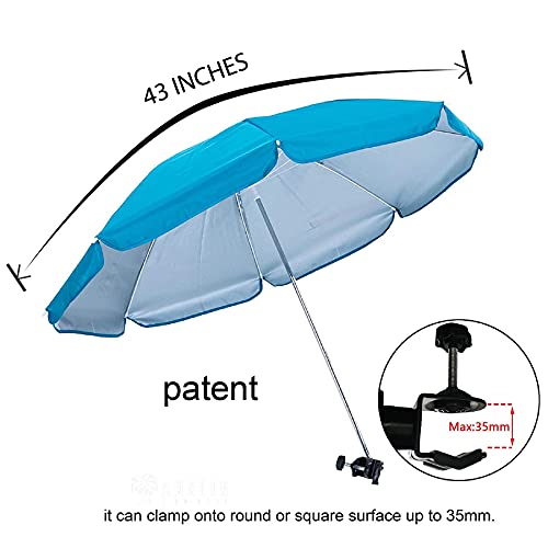 AMMSUN Chair Umbrella with Universal Clamp 43 inches UPF 50+,Portable Clamp on Patio, Beach, Stroller, Sport chair, Wheelchair and Wagon, Bright Blue - Image 3