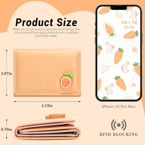 YINHEXI Wallet for Women, Women’s Wallet Card Holder with Fruit Pattern, Small Trifold RFID Blocking Purse, Small Cute Leather Pocket Wallet (Carroty)3