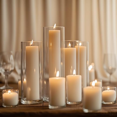 FFUW 24 Pcs White Pillar Candles with Glass Candle Holder Hurricane Glass Candle Holders Clear Cylinder Vases for Centerpieces Wedding Office Party Home Table Decor