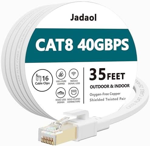 Jadaol Cat 8 Ethernet Cable 35 ft, 40Gbps 2000MHz Flat RJ45 S/FTP LAN Patch Cable, High-Speed Cat8 Network Cable for Router, Modem, Switch, Gaming Consoles, PC, Home Network & Streaming Devices, White