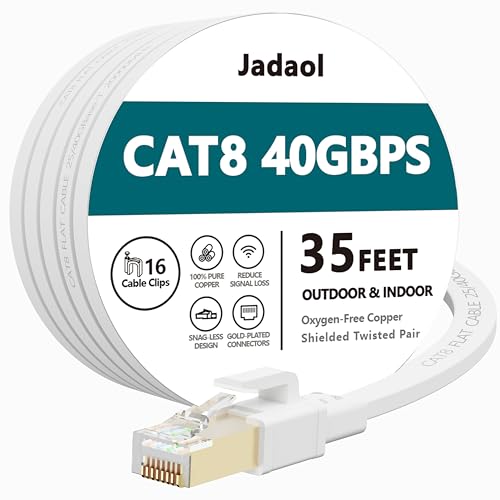 Jadaol Cat 8 Ethernet Cable 35 ft, 40Gbps 2000MHz Flat RJ45 S/FTP LAN Patch Cable, High-Speed Cat8 Network Cable for Router, Modem, Switch, Gaming Consoles, PC, Home Network & Streaming Devices, White