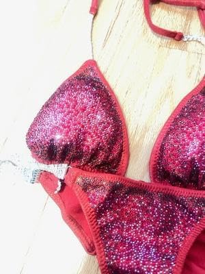 CS544 Custom Bikini Competition Suit NPC Burgundy Red Encrusted W Stones (Medium Hips 34.5"-36", C/D)