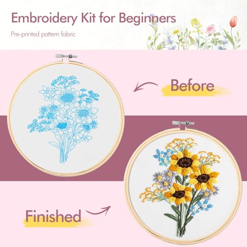 Image of 5 Pack embroidery kit for beginners Adults DIY Starter Kit,Sunflower Gifts for Women Cross Stitch Kits with Flower Stamped Patterns, Embroidery Hoop, Tools,Colorful Threads,Hand Craft Lover Gift