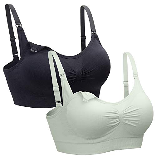Suekaphin 2PACK Nursing Maternity Bra for Pregnancy Women Breastfeeding Comfortable Sleeping with Extenders,Black/Palegreen,Large