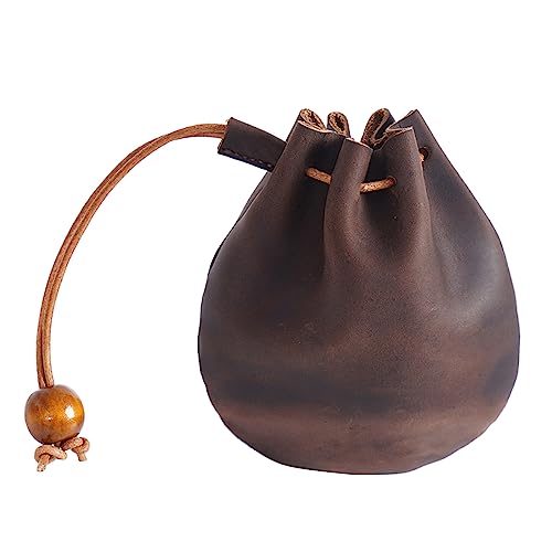 Cartera de piel de vaca hecha a mano, bolsa de almacenamiento suave con cordón, bolsillo para dinero, bolsa de almacenamiento multiusos para mujer, café
