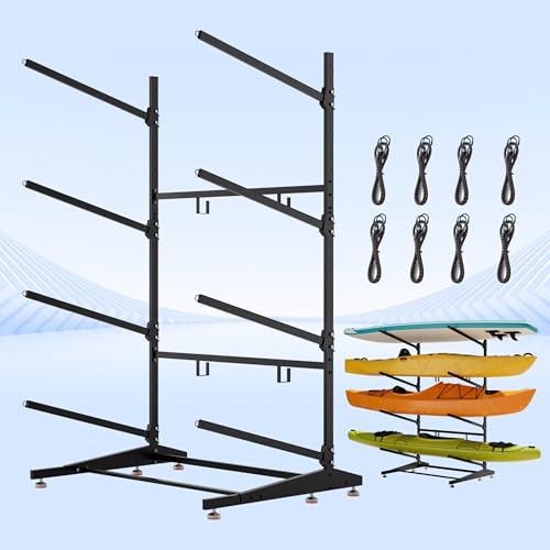 Image of 4-Tier Freestanding Kayak Rack, Pro-Grade Heavy Duty Outdoor Storage for 4 Boats, 440 lbs Max Capacity, Rust-Proof 304 Stainless Steel Hardware (Black)