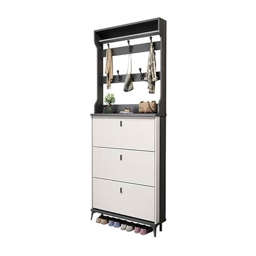 ホールツリー シューズキャビネット コートラック付き 3つのフリップ引き出しと2段式内部 壁取り付け式 隠しシューズラック シューズコンソール 廊下玄関用 (ダークグレー/ホワイト 23.5インチ L x 9.5インチ W x 82インチ H) (ダークグ