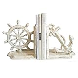 Anchor Bookends Decorative, Anchor and Nautical Ship Wheel Bookends Set,Heavy Duty Cast Iron Book Holder, Book Ends for Shelves Living Room Home Office, Antique Blue, 1 Pair/2Pieces (Antique White)