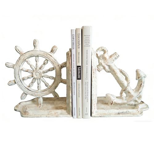 Anchor Bookends Decorative, Anchor and Nautical Ship Wheel Bookends Set,Heavy Duty Cast Iron Book Holder, Book Ends for Shelves Living Room Home Office, Antique Blue, 1 Pair/2Pieces (Antique White)