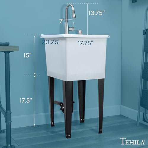 Image of White Space Saver Utility Sink by JS Jackson Supplies, Freestanding Tehila Space Saving Laundry Tub, Stainless Steel Pull-Down Faucet, Soap Dispenser