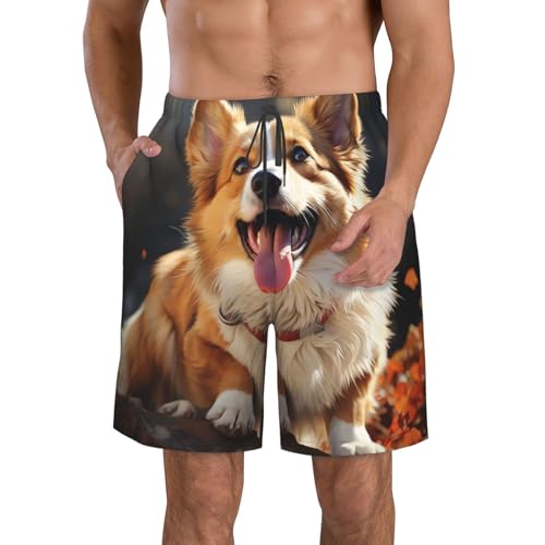 Men's Swim Trunks Cute Corgi Dog Quick Dry Board Shorts Mens Bathing Suit Beach Swimwear with Pockets
