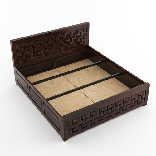 Image of Sheesham Wood King Size Bed with Storage Box | Wooden Box Bed King Size Double Cot Bed with Storage for Bedroom | Premium Niwar Design Headboard Bed for Hotel, Home | Walnut Finish