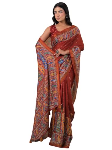 Image of SIRIL Women's Printed Silk Saree with Zari Border & Tassels