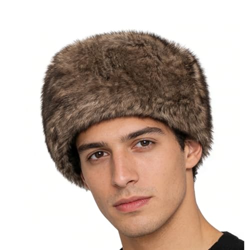Men Winter Trapper Hat Faux Fur Russian Trooper Hat Furry Ushanka Hat Warm Dad Hat Outdoor Windproof Hunting Ski Cap Brown