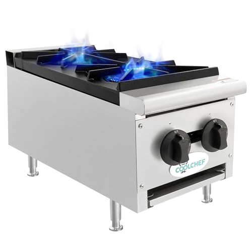 Image of 12-Inch 2-Burner 50000 Total BTU Hot Plate, Commercial Gas Stove - Heavy Duty Propane & Natural Gas - Countertop Cooking Burner Stainless Steel Construction