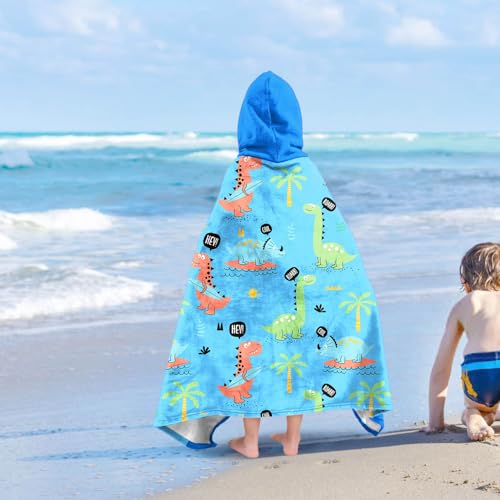 Image of Dinosaur Boys Beach Towel with Hoodie for Kids Toddlers Age 4-8,Dino Blue Bath Towels Shower Wrap for Boys, Hooded Poncho Beach Blanket for Pool Swimming Cute Wearable Bath Towel for Child