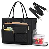 RAINSMORE Teacher Tote Bag with Insulated Lunch Compartment 15.6 inch Laptop Bag for Women Large Work Bags Nurse Bags Professional Briefcase Computer Handbag for Office, College, Nursing, Black