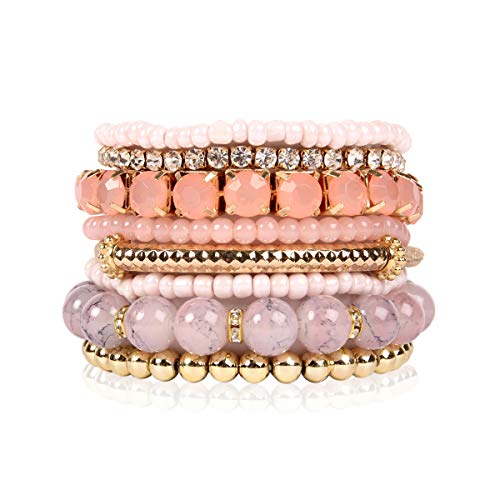 Multi Color Stretch Beaded Stackable Bracelets - Layering Bead Strand Statement Bangles (Original - Pink, 7)