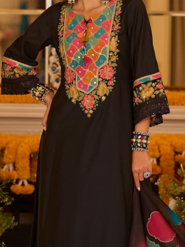 Image of INDO ERA Women's Silk Blend Floral Embroidered A-Line Kurta & Pant with Dupatta Set (IEOUT12374)