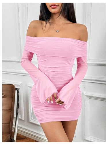 Image of SOLY HUX Women's Ruched Mesh Off Shoulder Bodycon Mini Dress Bell Long Sleeve Club Party Dresses