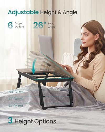 Image of SONGMICS Bed Laptop Desk, Folding Bed Tray, Adjustable Angle and Height | Folding Bed Tray for Laptop up to 15.6 Inches, Portable for Working Reading Writing Breakfast, Drawer, ULLD105W01