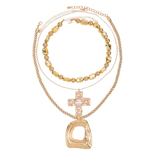 Collier pendentif croix femme : bijoux fantaisie dorés avec chaîne géométrique