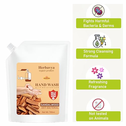 Image of Khadi Ayurvedic Sandalwood Hand Wash - Natural Antibacterial Cleanser with Pure Sandalwood Extracts | Calming, Skin-Friendly & pH Balanced - 700ml (Refill Pack)